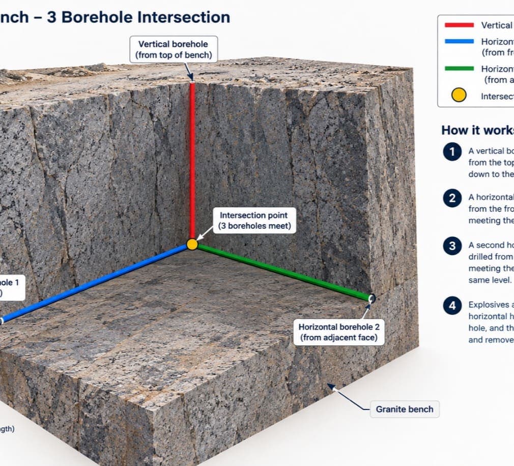 How the three bores meet: one vertical hole from the top of the bench and two horizontal holes from adjacent faces, meeting at a single point inside the stone